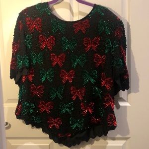 Vintage Sequined and Beaded Christmas Top, High-lo Hemline, Shoulder Pads